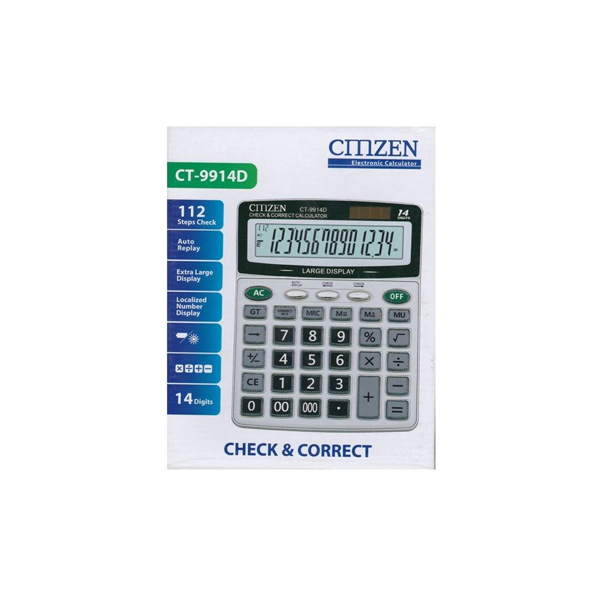 Citizen CT-9914D Calculator, 14-digit large display calculator, dual power professional calculator, office calculators at MH Shopping Mall, advanced functional calculators for business.