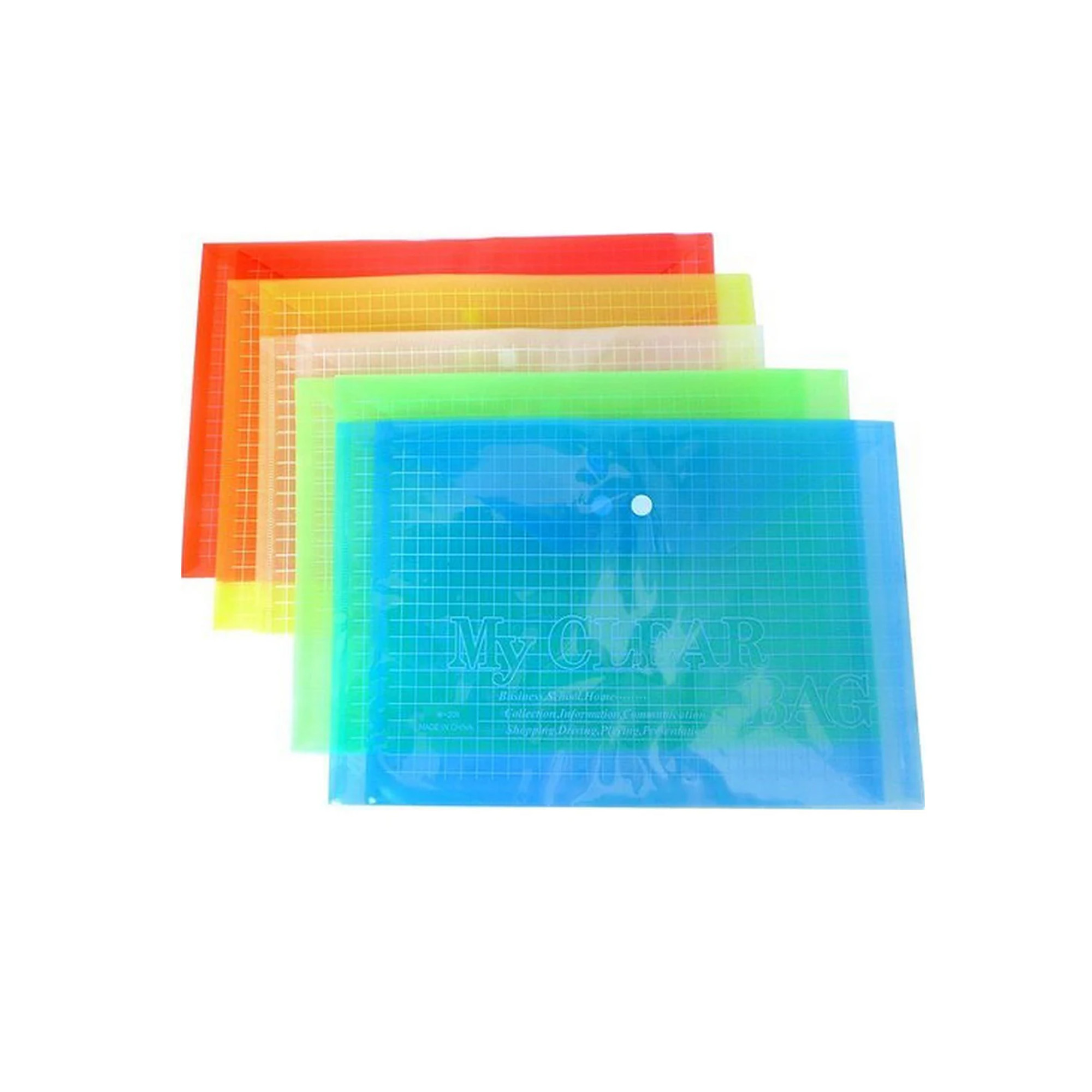 clear button bag file folder, transparent document organizer, A4 file folder with button closure, durable file folders at MH Shopping Mall, office and school stationery